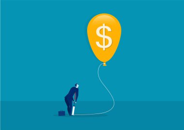 İş adamı hava pompasıyla balon dolar şişiriyor. kavram.vektör çiziciName