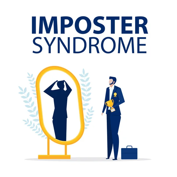 Imposter Syndrome Businessman Debout Avec Miroir Voyant Comme Ombre Derrière — Image vectorielle