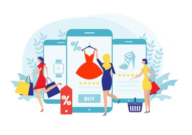 Kadınlar çevrimiçi mağazadan bir şeyler alırlar. Düz telefon tasarım tarzıyla sosyal ağlardan alışveriş yapmak. vektör illüstrasyonu.
