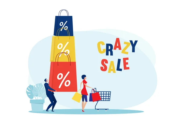 Woman Crazy Shop Sale Discount Black Friday Vector — Stock Vector