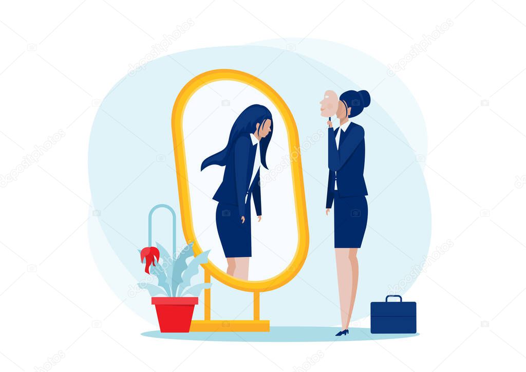 Depression Mask.business woman  standing with mirror and seeing themselves as shadow behind. depression and melancholy concept of self confidence at work, vector illustration.