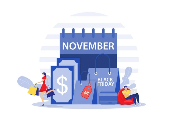 Fekete Péntek Bolt Emberek Vásárol Szuper Kedvezmény Shop Online Szolgáltatás — Stock Vector