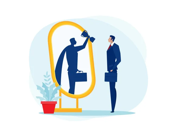 ビジネスマンは鏡を見てスーパークイーンを見る 自信を持って力を ビジネスリーダーシップ 青い背景ベクトルのイラストレーター — ストックベクタ