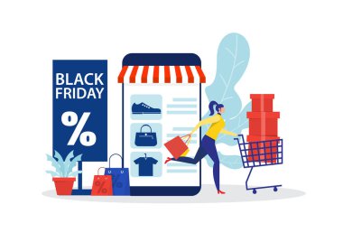 Kara Cuma mağazası, kadın çevrimiçi alışveriş, reklam satın alma pazarlama illüstrasyonu