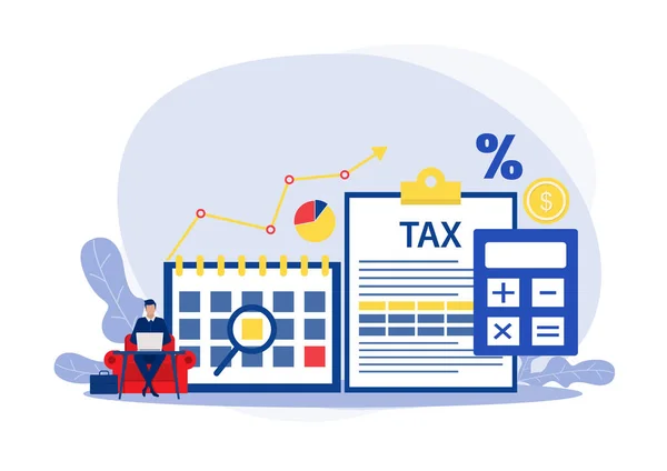 Tax Financial Analysis Business People Calculating Document Taxes Flat Vector — Stock Vector