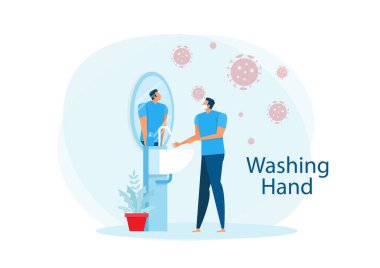 Tıbbi maske takan ve ellerini lavabo konsept vektör çiziminde yıkayan bir adam..