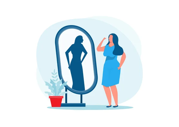 Grosse Dame Robe Bleue Regardant Miroir Ajustement Réflexion Illustration Vectorielle — Image vectorielle