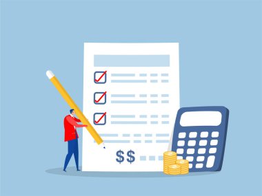 Proje belgesi proje maliyet tahmini maliyetini hesaplayan iş adamı, iş faturaları veya vergilerini bitirmek için bütçe veya kaynakları hesaplar. maliyet veya kredi kavramı.