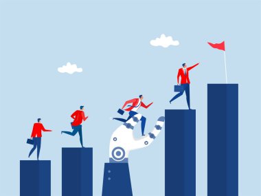 Yapay Zeka destekli iş adamı insanların büyüme grafiğine, büyüme desteğine, başarıya, kariyer yoluna veya çalışan başarı vektörüne yardım eden liderliğe tırmanmalarına yardım ediyor