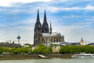 Ren 'in diğer tarafındaki Köln Katedrali. Köln Almanya' sında arka planda Tv Kulesi var.