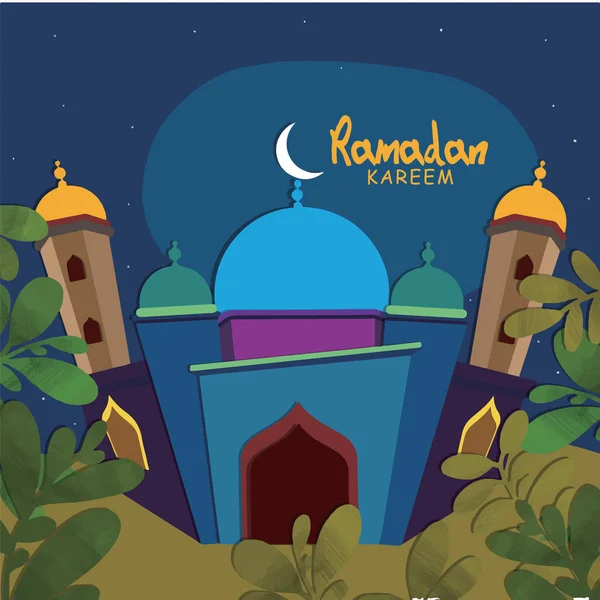 라마단 카림과 라마단 무바라크의 삽화. 아름다운 이슬람과 아랍어 매달려 랜턴과 서예는 거룩한 달 금식 카림을 기원합니다. - 벡터 — 스톡 벡터