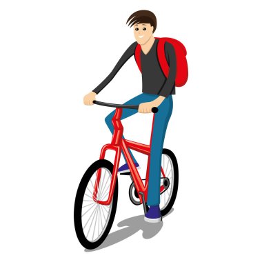 Adam beyaz zemin üzerine kırmızı bir bisiklet sürmek.