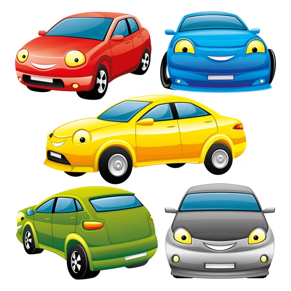 Set Cheerful Toy Cars White Background — Stock Vector