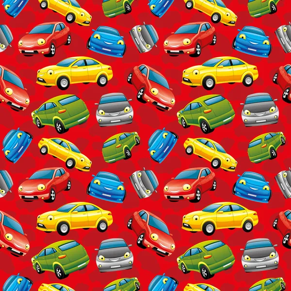 Seamless Pattern Cheerful Cars Red Background — Stock Vector