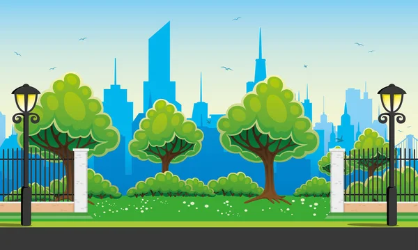 Stadspark Met Bomen Achtergrond Van Wolkenkrabbers — Stockvector
