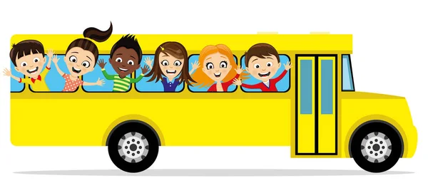 Beyaz Zemin Üzerinde Bir Okul Otobüsü Çocuklarda Okul Grubu — Stok Vektör