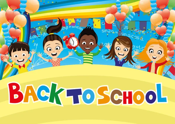 Cheerful School Children Balloons Rainbow Blue Background — Stock Vector