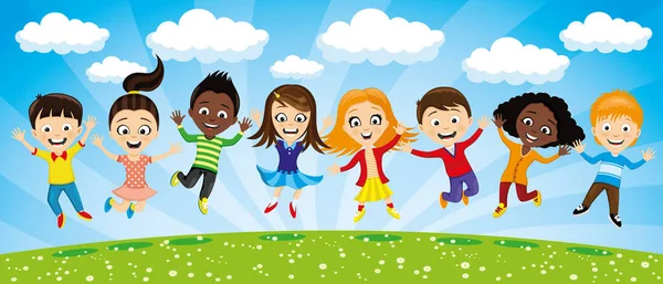 Cheerful Children Jump Summer Nature — Stock Vector