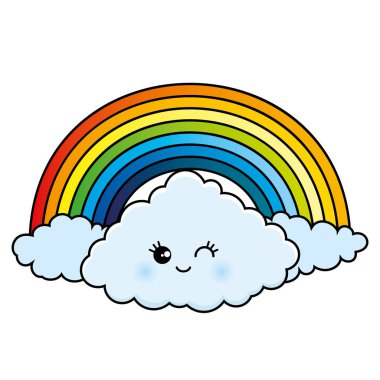 Beyaz arkaplanda gökkuşağı ve bulutlar.