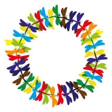 Beyaz bir arka plan üzerinde renkli yusufçuk yuvarlak çerçeve.