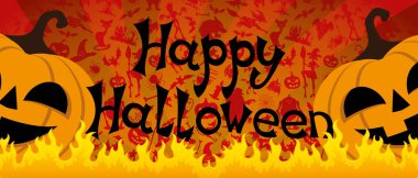 Cadılar Bayramı Balkabağı ve kırmızı bir arka plan üzerinde ateş.