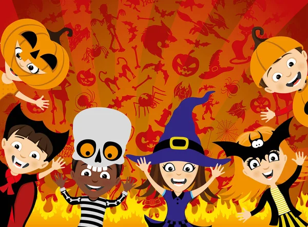 Fiesta Halloween Grupo Niños Sobre Fondo Rojo — Vector de stock