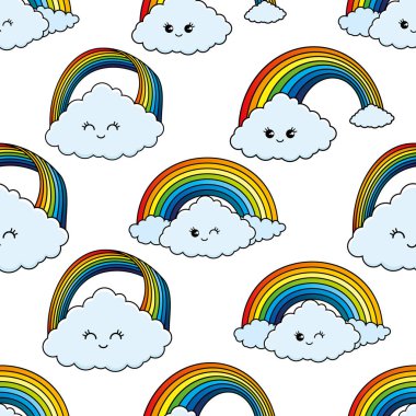 Bulutlar ve beyaz bir arka plan üzerinde bir gökkuşağı ile Seamless modeli.