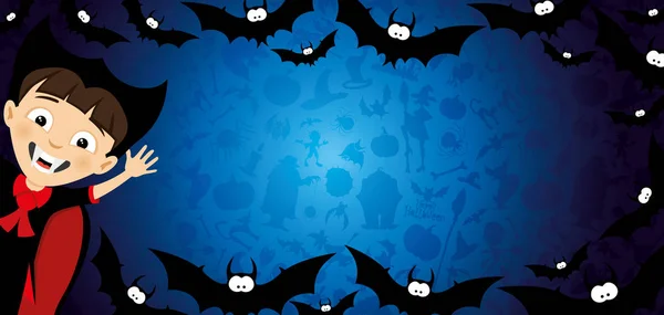 Banner Halloween Con Vampiro Murciélagos Sobre Fondo Azul — Vector de stock