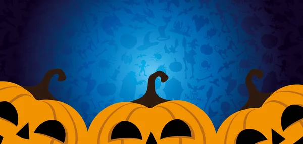 Banner Halloween Con Tres Calabazas Sobre Fondo Azul — Vector de stock