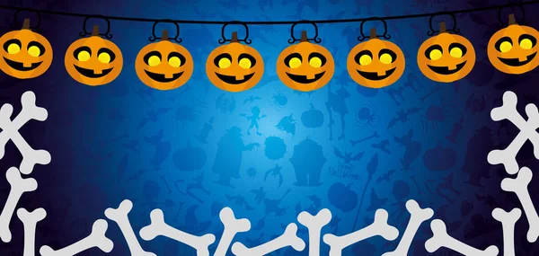 Banner Halloween Con Calabazas Huesos Sobre Fondo Azul — Vector de stock