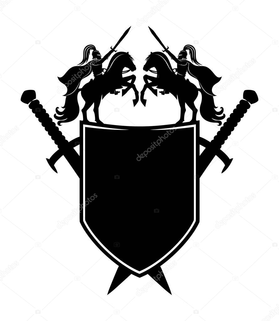 Black shield and swords on a white background.