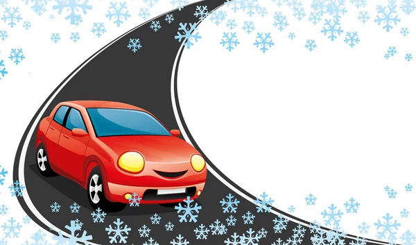 Κόκκινο Αυτοκίνητο Δρόμο Χειμώνα Λευκό Φόντο — Διανυσματικό Αρχείο