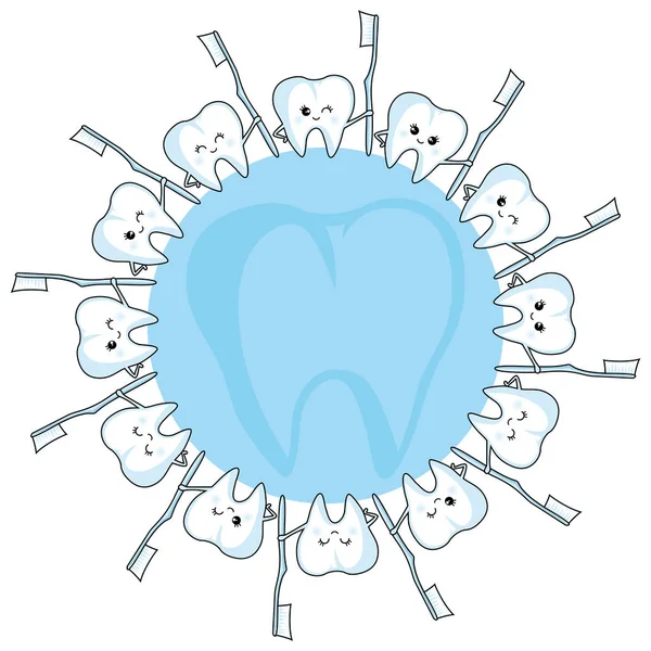 Στρογγυλό Σημάδι Δόντια Και Οδοντόβουρτσες Λευκό Φόντο — Διανυσματικό Αρχείο
