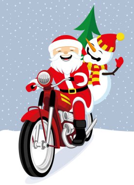 Neşeli Noel Baba ve kırmızı bir retro motosiklet kardan adam.