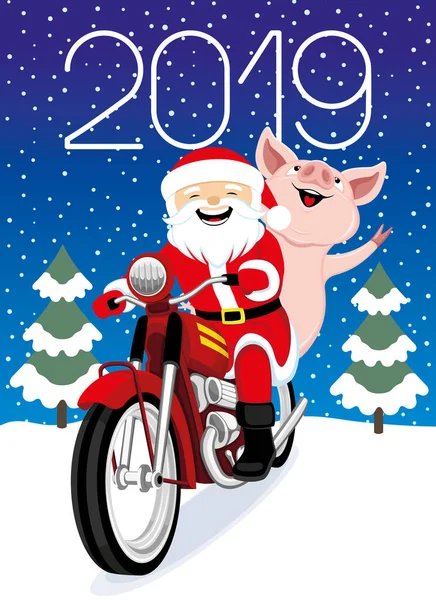 陽気なサンタ クロースと赤いレトロなバイクの豚 — ストックベクタ