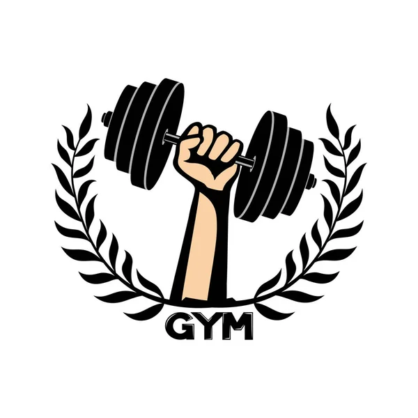 Gym Sign Dumbbell Hand White Background — Stock Vector