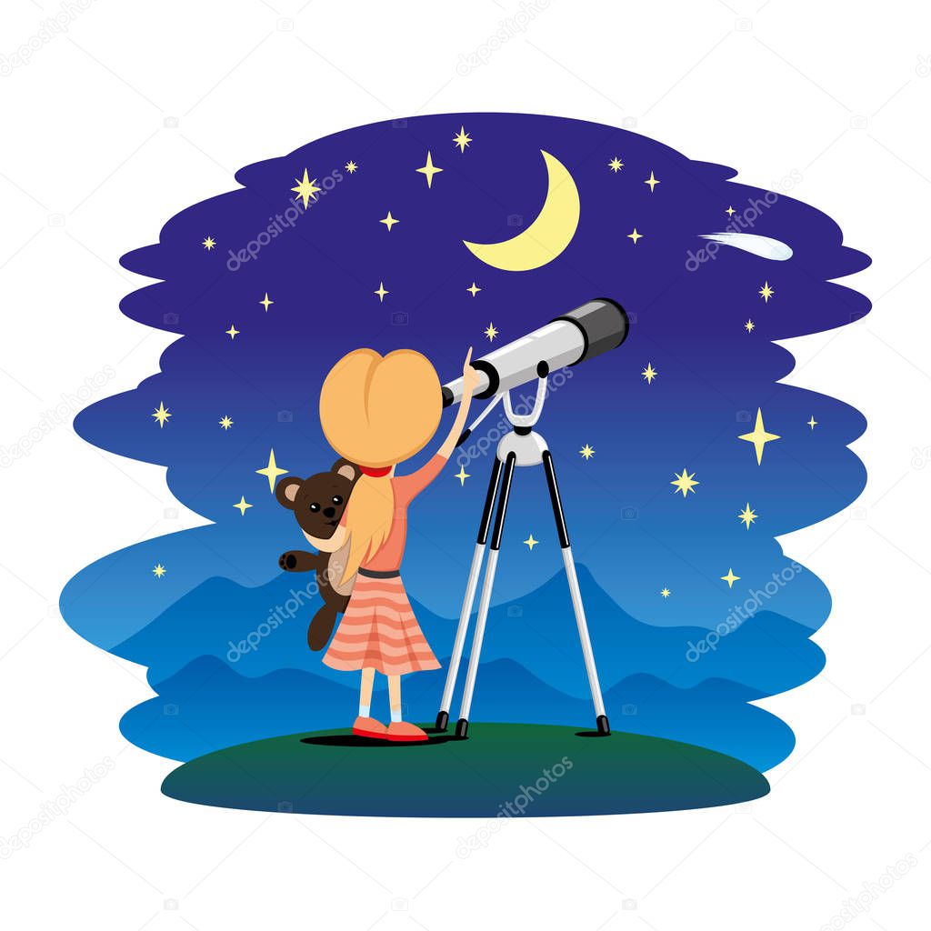 Girl observes the stars in a telescope.