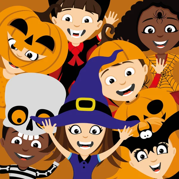 Niños Con Disfraces Para Halloween Sobre Fondo Naranja — Vector de stock