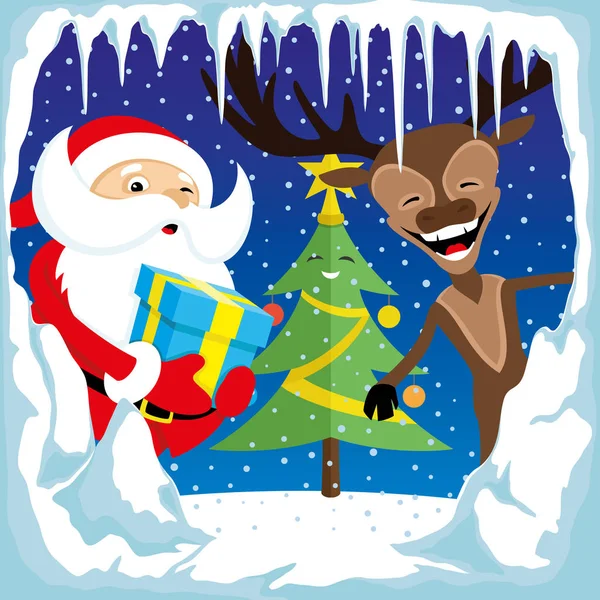Santa Claus Con Reno Árbol Navidad Sobre Fondo Invernal — Vector de stock