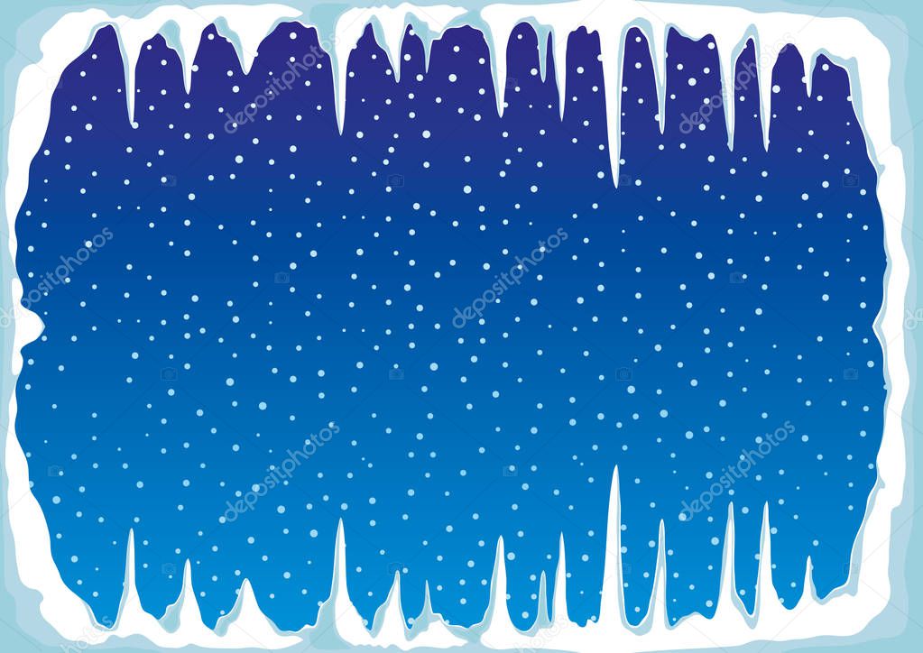 Ice with icicles and snow on a blue background.