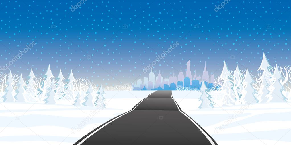 Winter landscape with forest and road to the city.