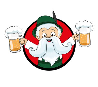 Beyaz bir arka plan üzerinde kırmızı daire içinde elinde bira bardağı adamla.