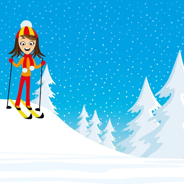 Веселый Лыжник Зимнем Снежном Лесу — стоковый вектор