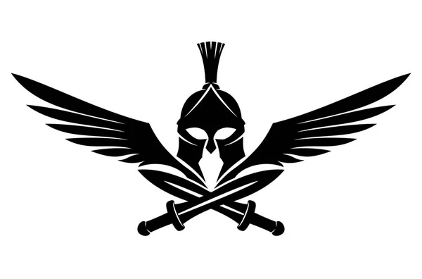 白い背景に剣と翼を持つスパルタンヘルメット — ストックベクタ