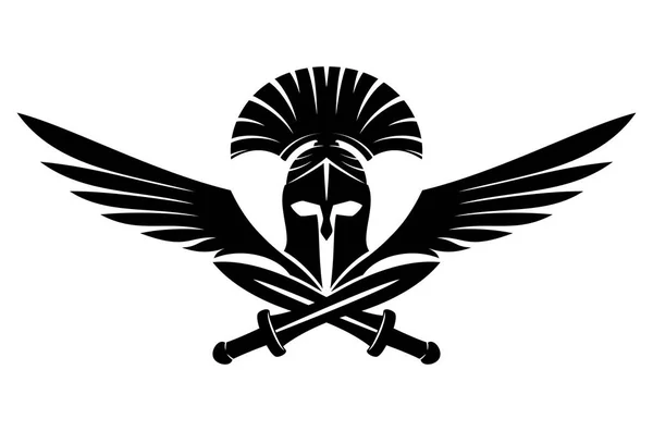 白い背景に剣と翼を持つスパルタンヘルメット — ストックベクタ