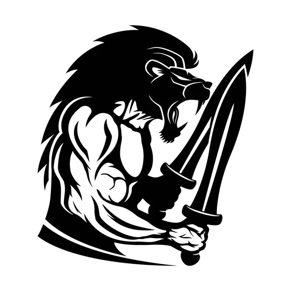 Strong Warrior Lion Head Two Swords White Background — Stock Vector