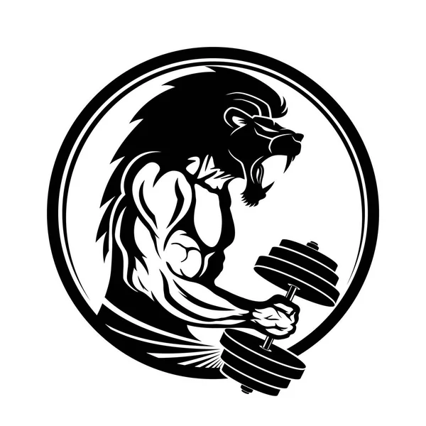 健身房标志与一个有狮子头的肌肉男子 — 图库矢量图片