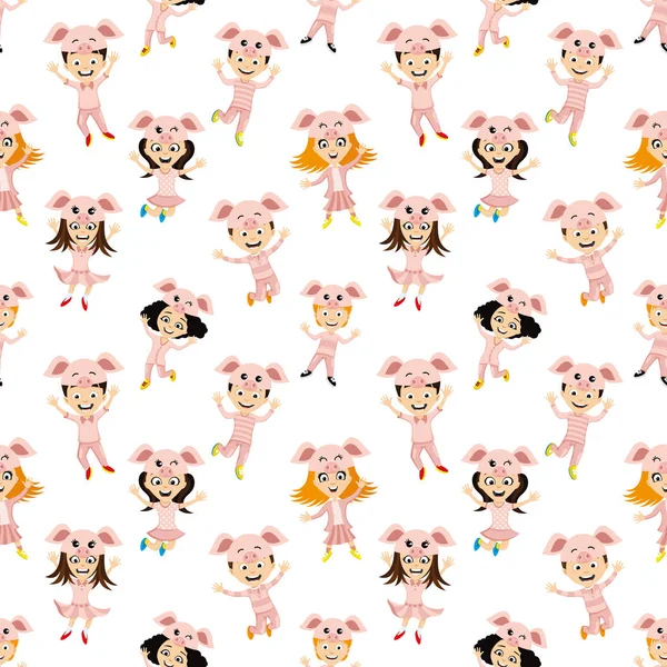Seamless Pattern Cheerful Kids Piglet Costumes White Background — Stock Vector