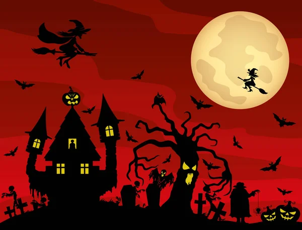 Ilustración Roja Para Halloween Con Noche Luna Cementerio — Vector de stock