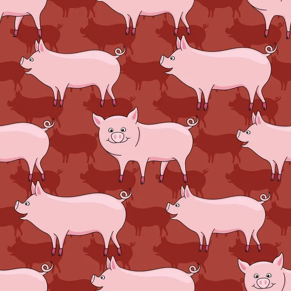 模式与可爱的猪在红色背景为无缝的背景 — 图库矢量图片